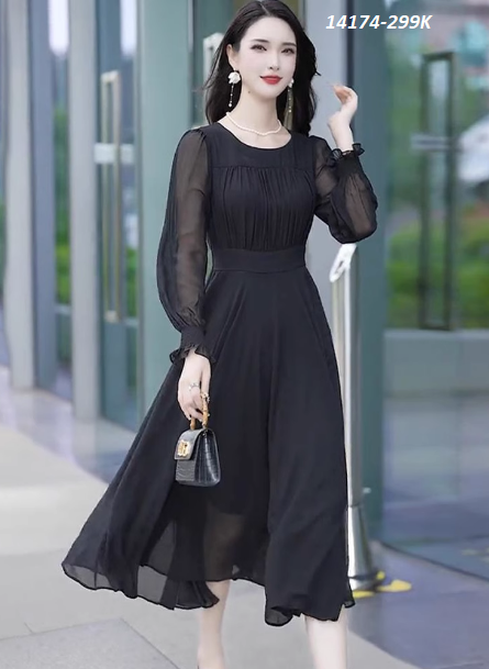 14174-Đầm voan xòe tay tày nhún ngực cách điệu (voan,lót)_thumbnail_1