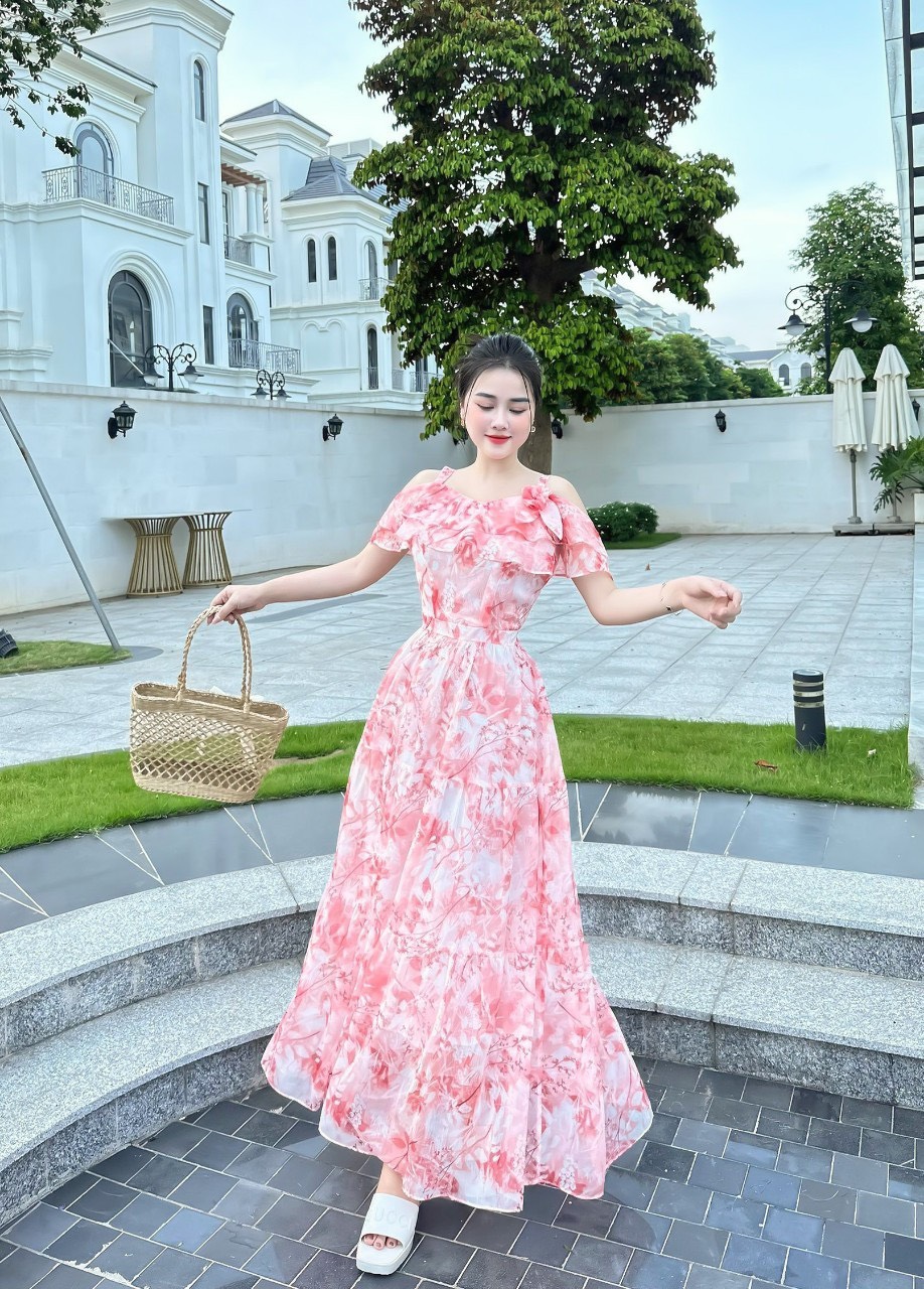 Đầm maxi nữ VILYA dáng xoè chất tơ hoa cao cấp trễ vai VD23-131