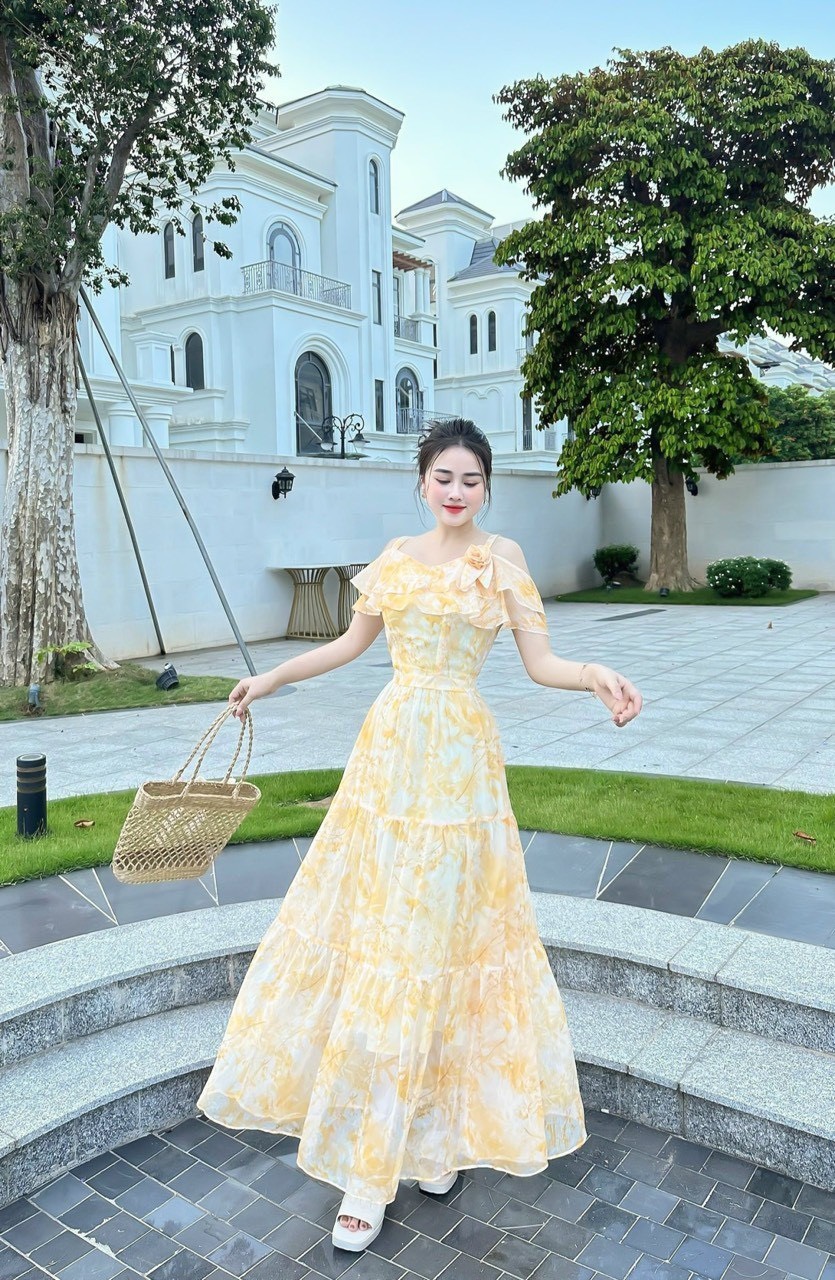 Đầm maxi nữ VILYA dáng xoè chất tơ hoa cao cấp trễ vai VD23-131_thumbnail_2