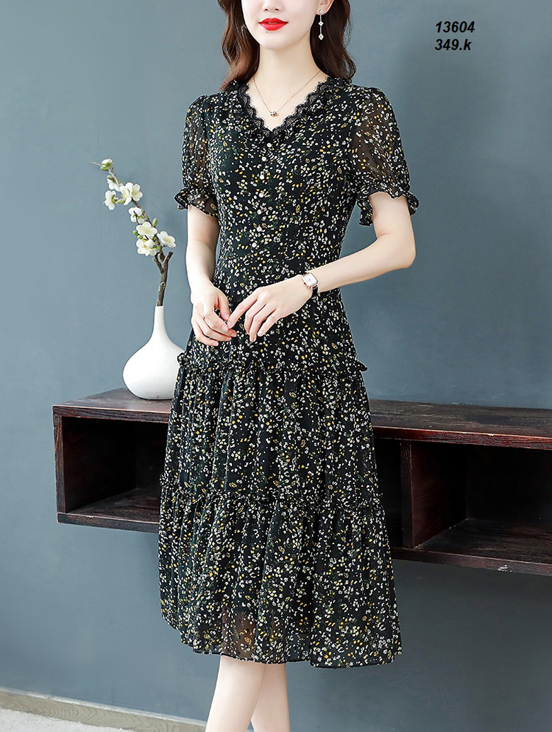 13604-Đầm  voan  xòe tay  phồng  họa tiết  hoa nhí ( voan lót, khóa hông)_thumbnail_2