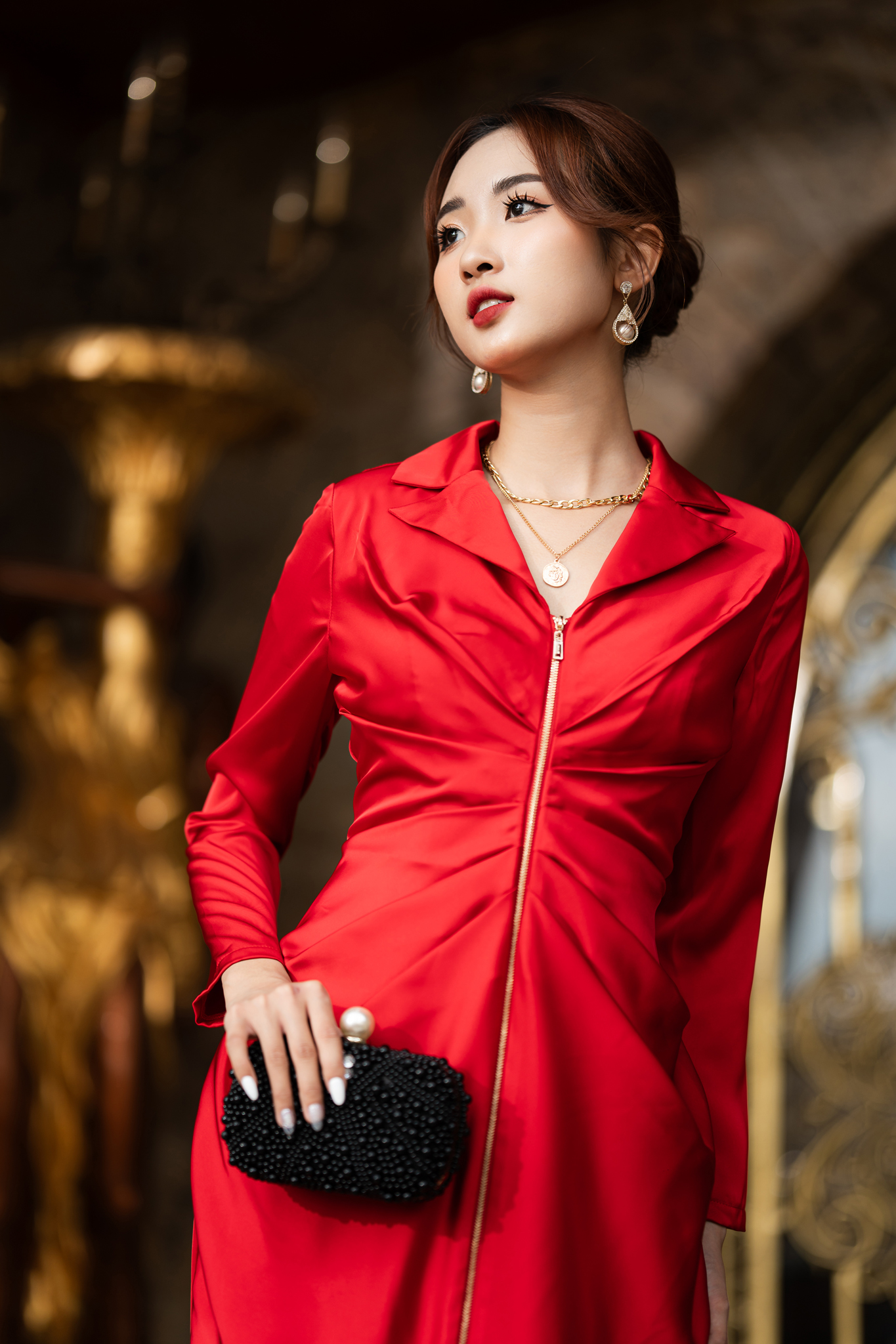 ĐẦM ĐI TIỆC MÀU ĐỎ DÀI TAY- MELY DRESS