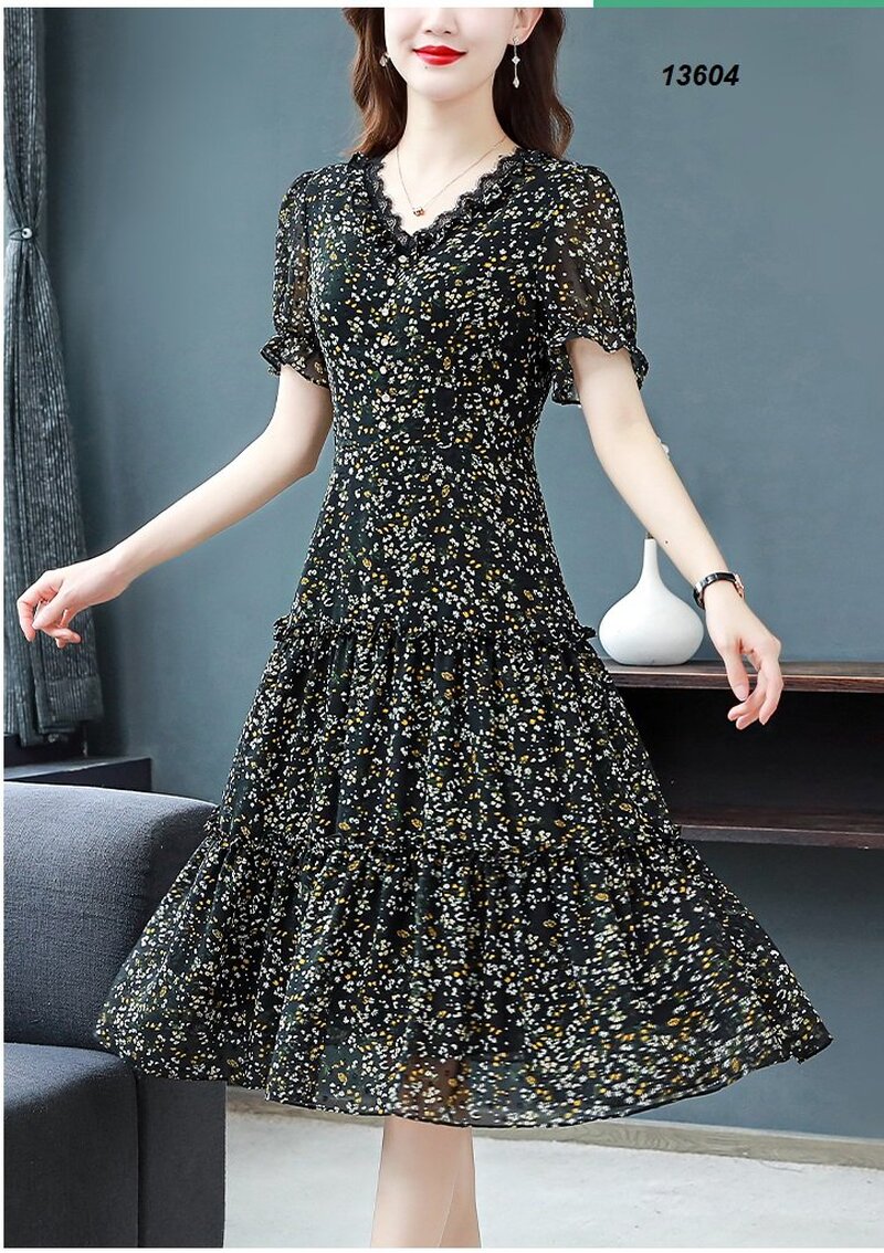 13604-Đầm  voan  xòe tay  phồng  họa tiết  hoa nhí ( voan lót, khóa hông)_thumbnail_3