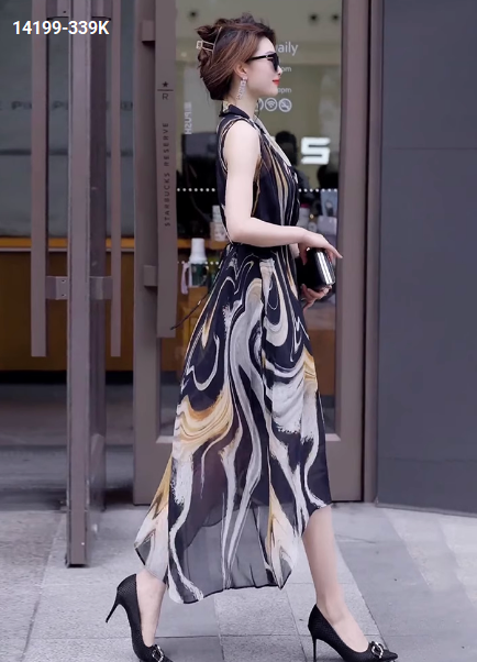 14199-Đầm voan dài sát nách cổ đắp chéo in màu loang (voan, lót)_thumbnail_2