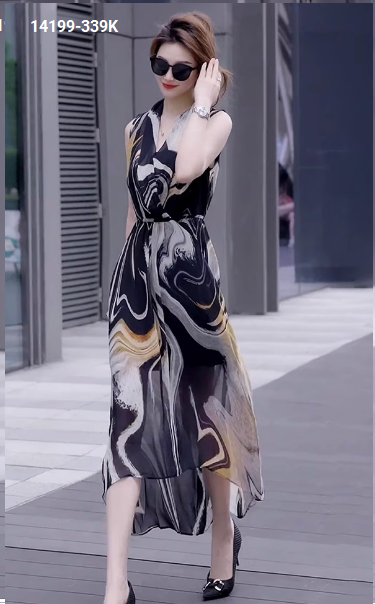 14199-Đầm voan dài sát nách cổ đắp chéo in màu loang (voan, lót)_thumbnail_1