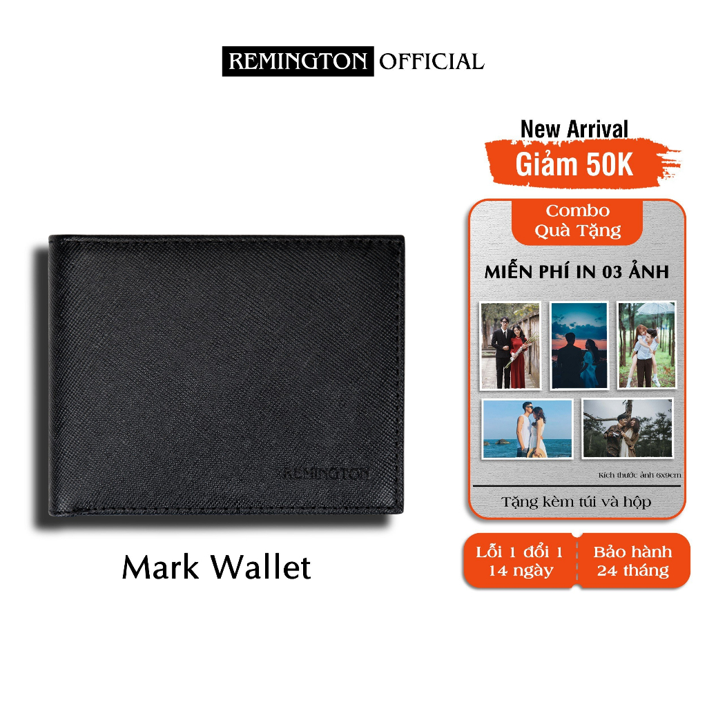 Ví nam mini Remington - Mark Wallet miễn phí in 3 ảnh và tặng kèm hộp, túi giấy làm quà tặng cho người yêu hoặc bố
