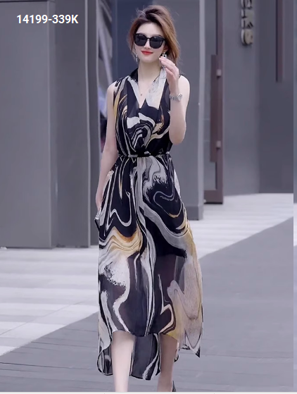 14199-Đầm voan dài sát nách cổ đắp chéo in màu loang (voan, lót)_thumbnail_0