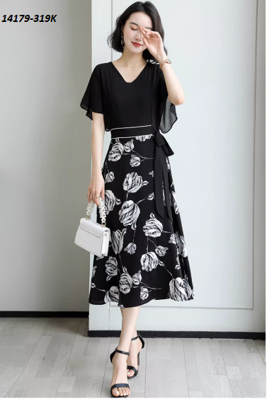 14179-Đầm xòe họa tiết hoa hồng eo thắt nơ (voan,lụa in)_thumbnail_0