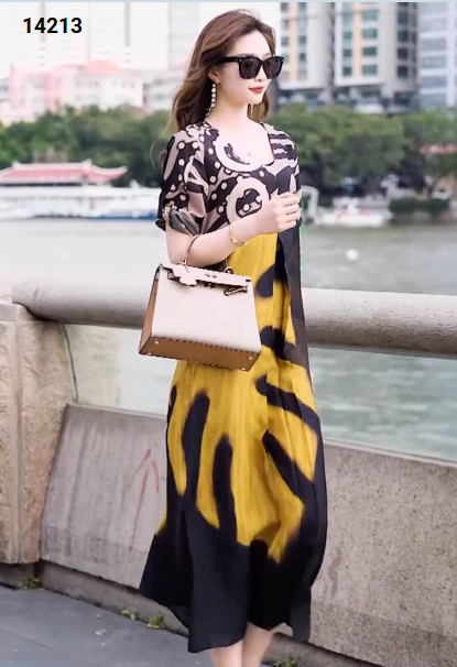 14213-Đầm suông cổ tròn in họa tiết cổ điển kèm dây thắt eo (voan,lót)_thumbnail_1