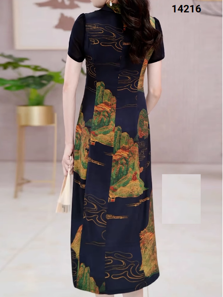 14216-Đầm suông A cổ bẻ  kết nút cách tân (lụa in, phối voan)_thumbnail_3