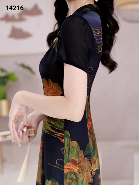 14216-Đầm suông A cổ bẻ  kết nút cách tân (lụa in, phối voan)_thumbnail_2