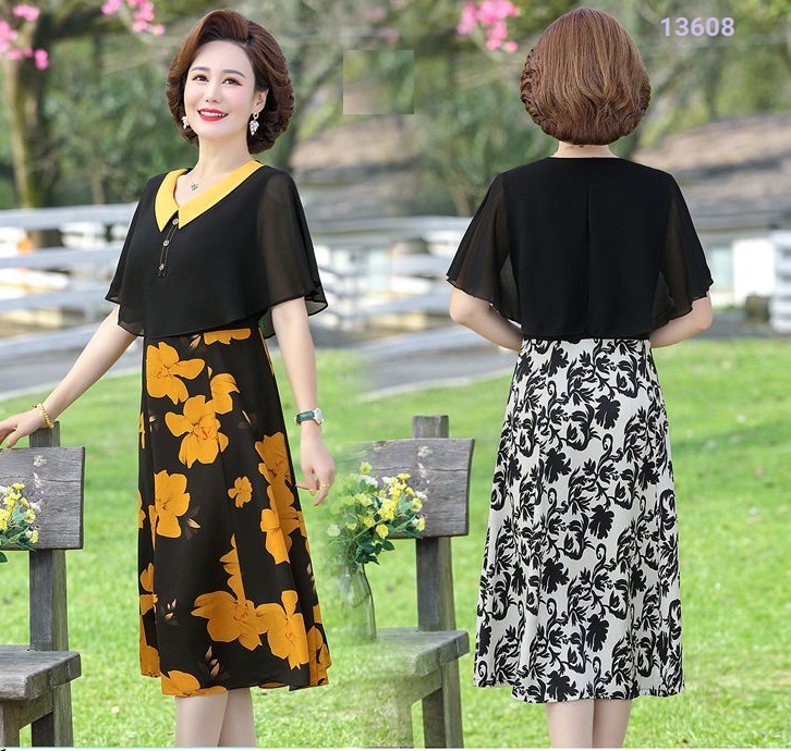 13608-Đầm xòe cổ bẻ phối tà  in hoa (voan in có lót, khóa hông )_thumbnail_1