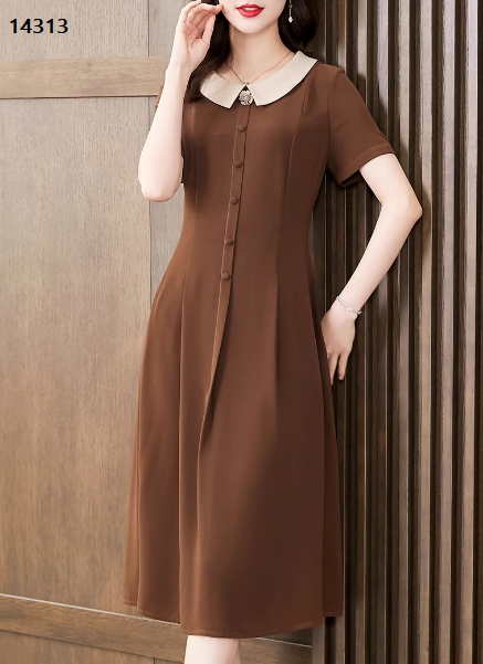 14313-Đầm xòe A cổ  sen cách điệu nâu tây (thun lụa)_thumbnail_2