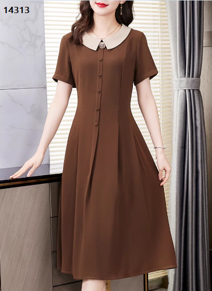 14313-Đầm xòe A cổ  sen cách điệu nâu tây (thun lụa)_thumbnail_0