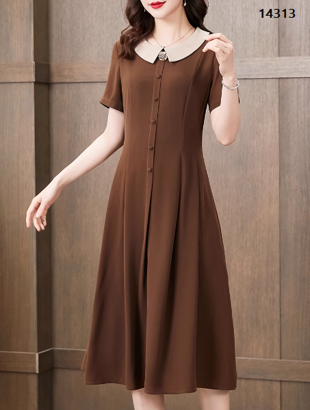14313-Đầm xòe A cổ  sen cách điệu nâu tây (thun lụa)_thumbnail_1