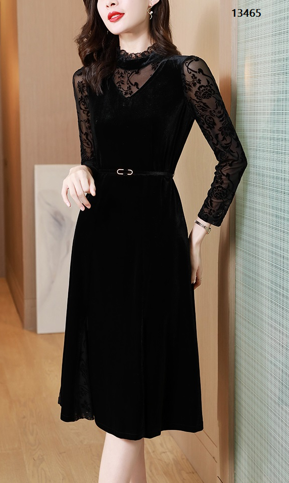 13465-Đầm nhung xòe phối ren tay dài_thumbnail_1