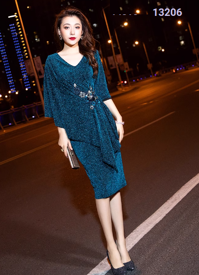 13206-Đầm dự tiệc tay cánh tiên, eo nhấn họa tiết hoa(thun kim tuyến)_thumbnail_0