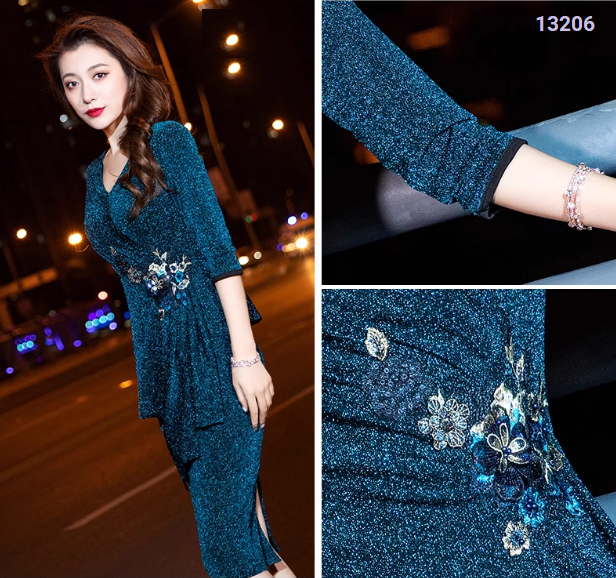 13206-Đầm dự tiệc tay cánh tiên, eo nhấn họa tiết hoa(thun kim tuyến)_thumbnail_4