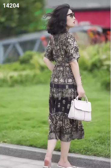 14204-Đầm suông tay ngắn in cổ  điển kèm thắt eo ( lụa in, lót thun)_thumbnail_2