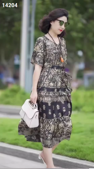 14204-Đầm suông tay ngắn in cổ  điển kèm thắt eo ( lụa in, lót thun)_thumbnail_0