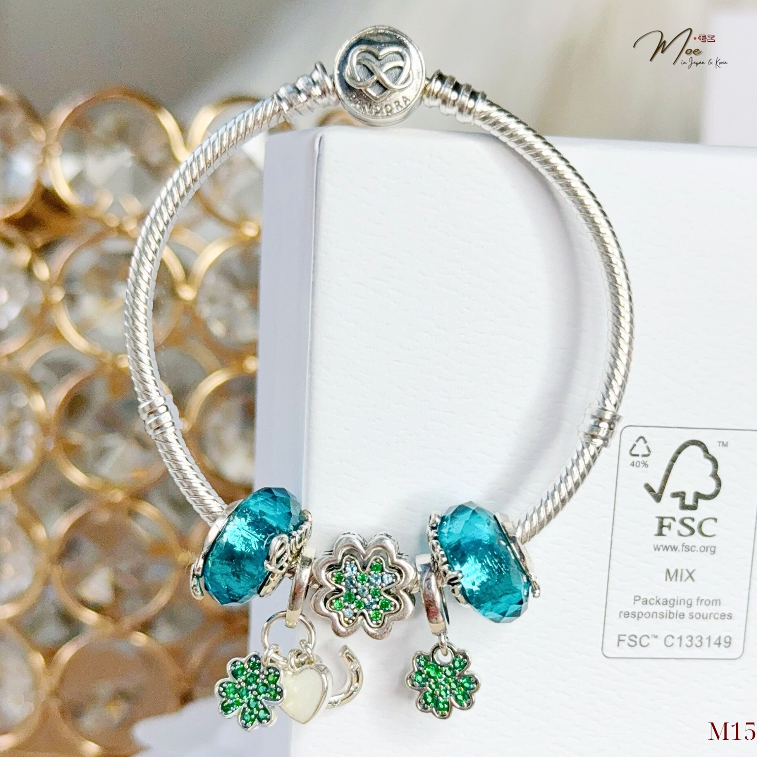 LT536 - Vòng Pandora cỏ 4 lá xanh đính đá