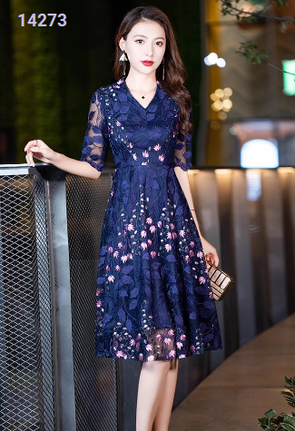 14273-Đầm ren xòe tay lở in hoa cổ tim cách điệu (ren lưới, lót)_thumbnail_2