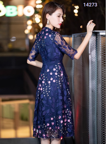 14273-Đầm ren xòe tay lở in hoa cổ tim cách điệu (ren lưới, lót)_thumbnail_4