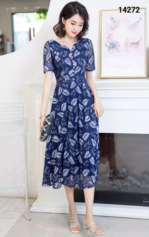 14272-Đầm xòe ren lưới in họa tiết lá, cổ V cách điệu ( voan ren, lót)_thumbnail_2