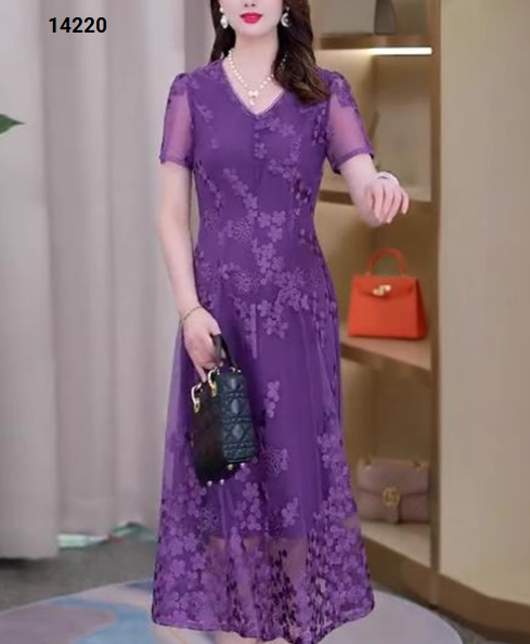 14220-Đầm voan ren lưới hoa tím cổ tim kết nút ( voan lưới, lót)_thumbnail_1