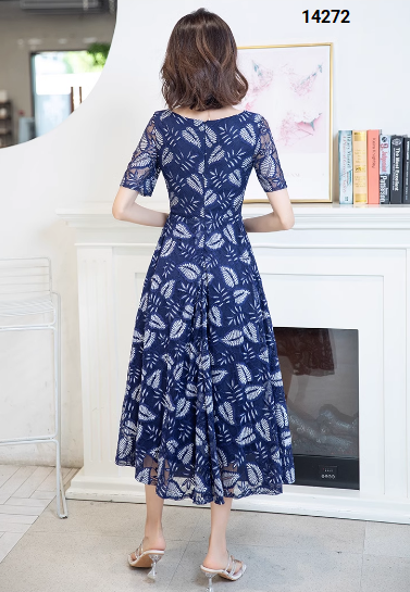 14272-Đầm xòe ren lưới in họa tiết lá, cổ V cách điệu ( voan ren, lót)_thumbnail_3