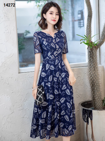 14272-Đầm xòe ren lưới in họa tiết lá, cổ V cách điệu ( voan ren, lót)_thumbnail_4