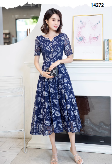 14272-Đầm xòe ren lưới in họa tiết lá, cổ V cách điệu ( voan ren, lót)_thumbnail_1