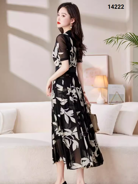 14222-Đầm xòè tay lở cổ V in họa tiết lá cách điệu (voan,ko kèm nịt)_thumbnail_4