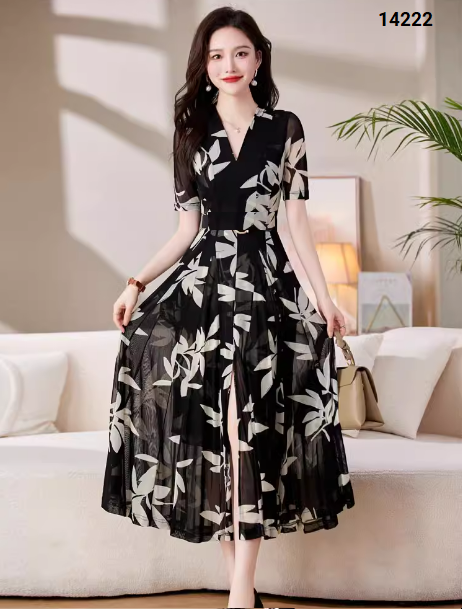 14222-Đầm xòè tay lở cổ V in họa tiết lá cách điệu (voan,ko kèm nịt)_thumbnail_2