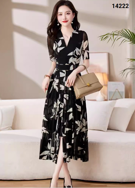 14222-Đầm xòè tay lở cổ V in họa tiết lá cách điệu (voan,ko kèm nịt)_thumbnail_0