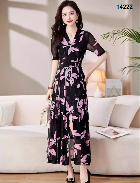 14222-Đầm xòè tay lở cổ V in họa tiết lá cách điệu (voan,ko kèm nịt)_thumbnail_1