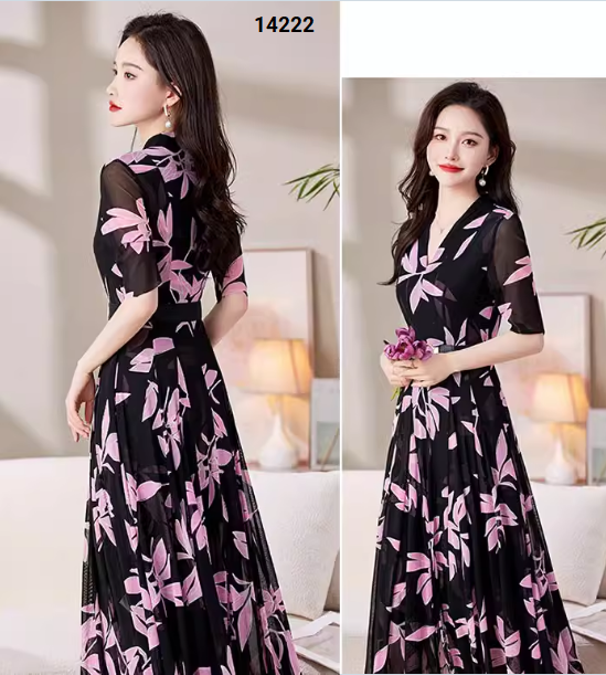 14222-Đầm xòè tay lở cổ V in họa tiết lá cách điệu (voan,ko kèm nịt)_thumbnail_5