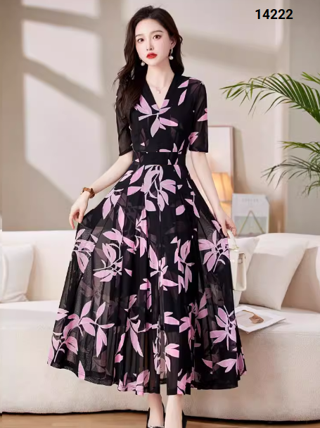 14222-Đầm xòè tay lở cổ V in họa tiết lá cách điệu (voan,ko kèm nịt)_thumbnail_3
