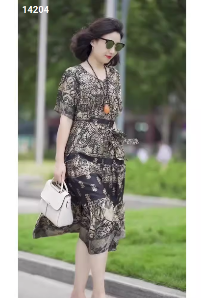 14204-Đầm suông tay ngắn in cổ  điển kèm thắt eo ( lụa in, lót thun)_thumbnail_1