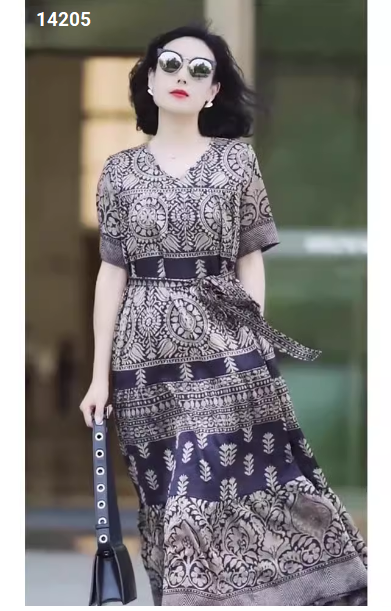 14205-Đầm suông họa tiết cổ  điển eo thắt nơ (lụa in, lót thun)_thumbnail_0