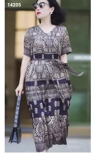 14205-Đầm suông họa tiết cổ  điển eo thắt nơ (lụa in, lót thun)_thumbnail_3