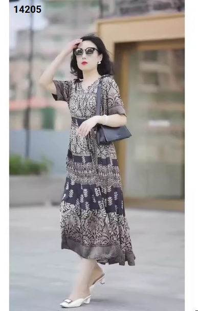 14205-Đầm suông họa tiết cổ  điển eo thắt nơ (lụa in, lót thun)_thumbnail_2