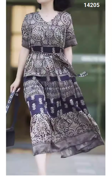 14205-Đầm suông họa tiết cổ  điển eo thắt nơ (lụa in, lót thun)_thumbnail_1
