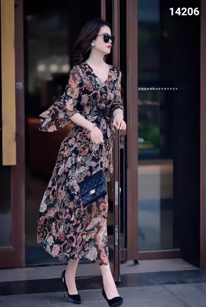 14206-Đầm voan dài in hoa cổ điển tay bèo lở (voan, lót)_thumbnail_1