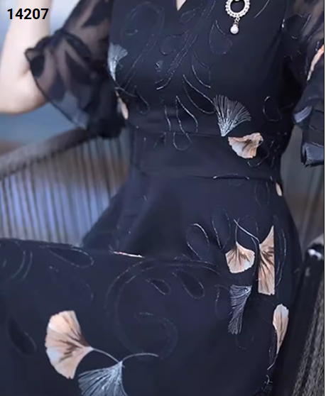 14207-Đầm voan tay loe cổ tim in lá  rẻ quạt (voan, lót)_thumbnail_4