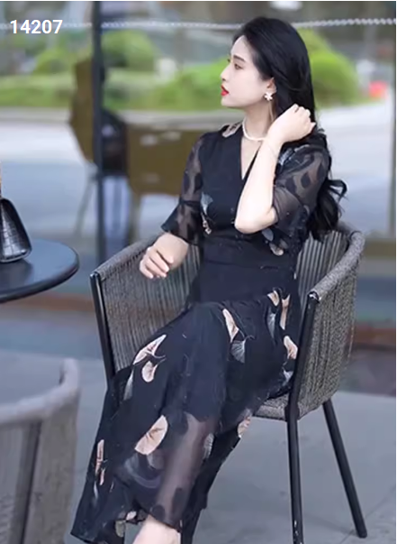 14207-Đầm voan tay loe cổ tim in lá  rẻ quạt (voan, lót)_thumbnail_2