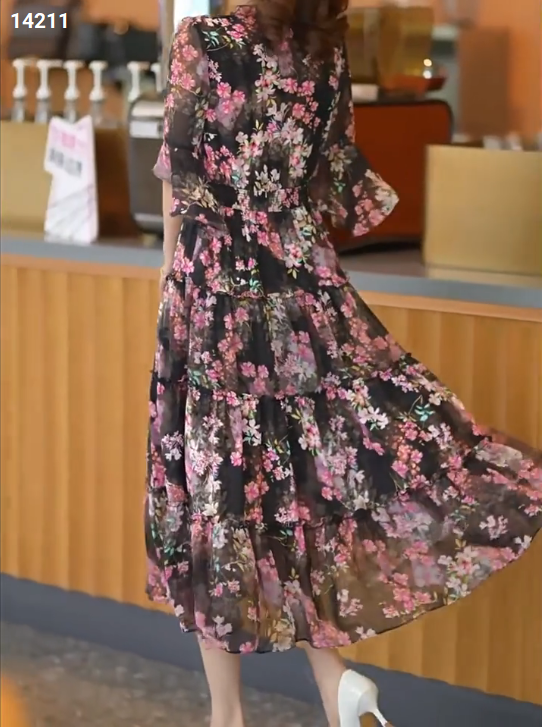 14211-Đầm voan tay loe in họa tiết hoa đào hồng (voan,lót)_thumbnail_3