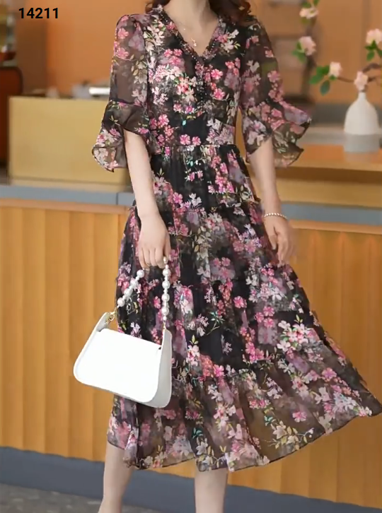 14211-Đầm voan tay loe in họa tiết hoa đào hồng (voan,lót)_thumbnail_2
