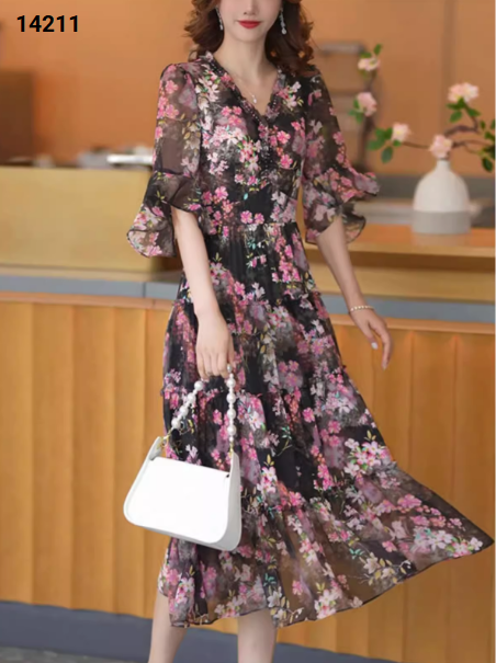 14211-Đầm voan tay loe in họa tiết hoa đào hồng (voan,lót)_thumbnail_0