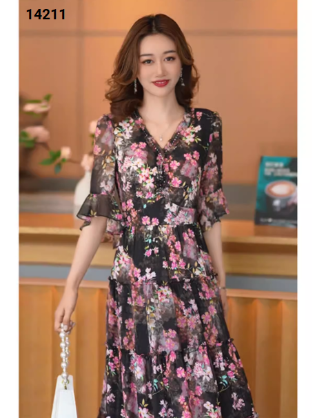 14211-Đầm voan tay loe in họa tiết hoa đào hồng (voan,lót)_thumbnail_4