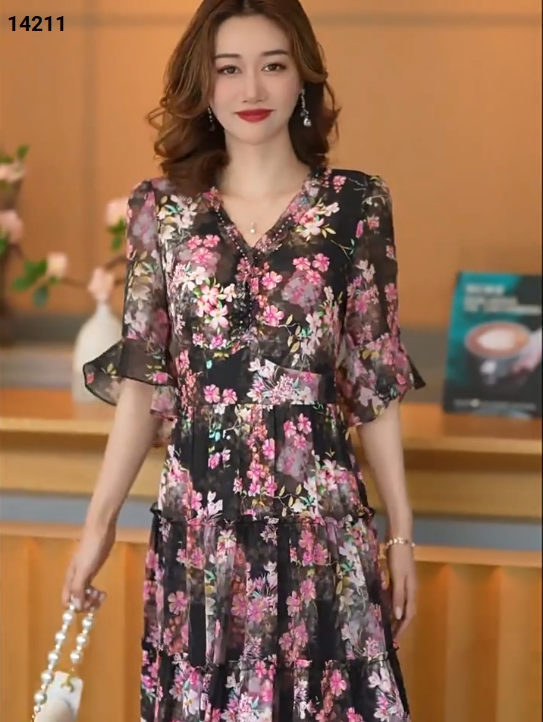 14211-Đầm voan tay loe in họa tiết hoa đào hồng (voan,lót)_thumbnail_1